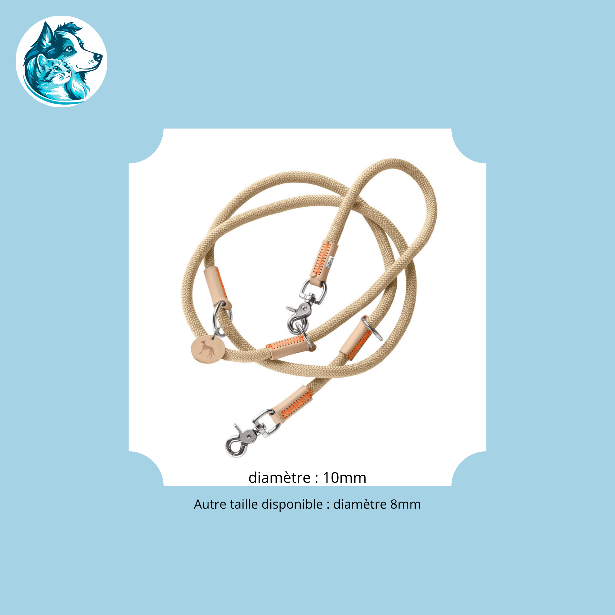 NORI Beige – Laisse Réglable Corde & Cuir Premium
