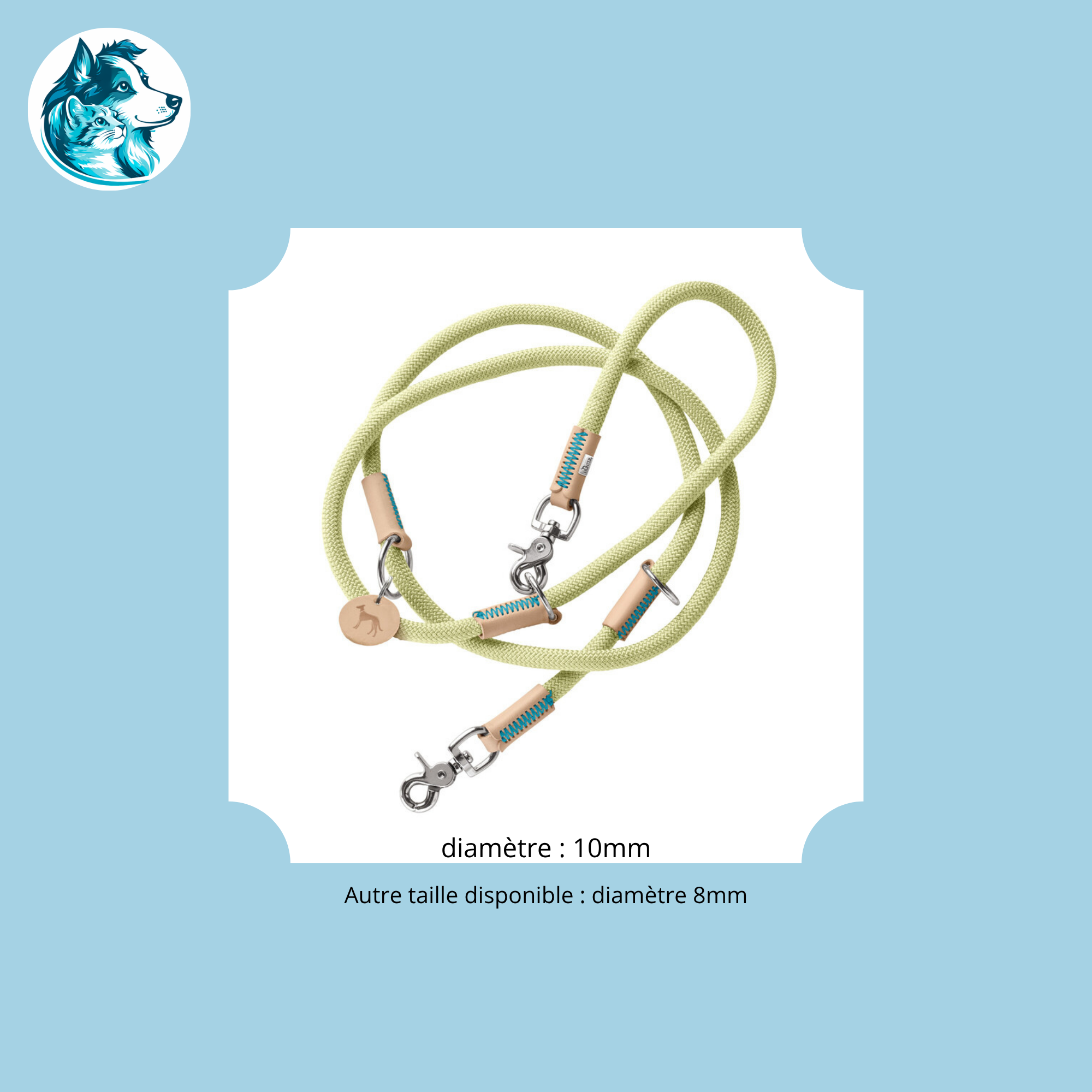 NORI Menthe – Laisse Réglable Corde & Cuir Premium