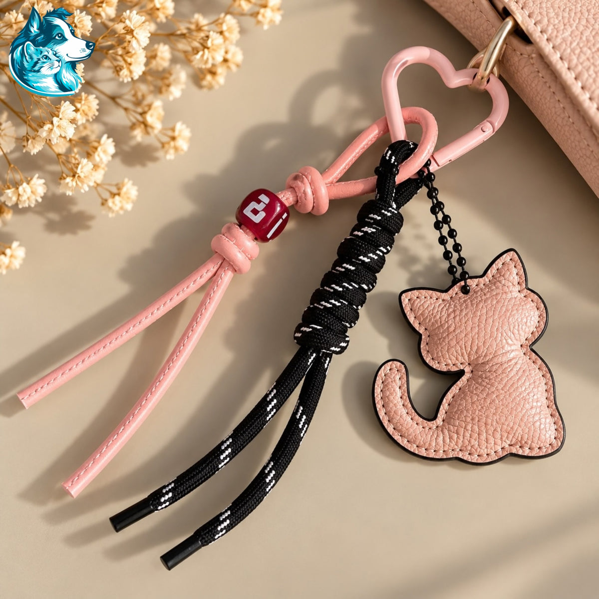 Bijou de sac chat rose avec mousqueton cœur et cordons rose et noir – FLAIRE