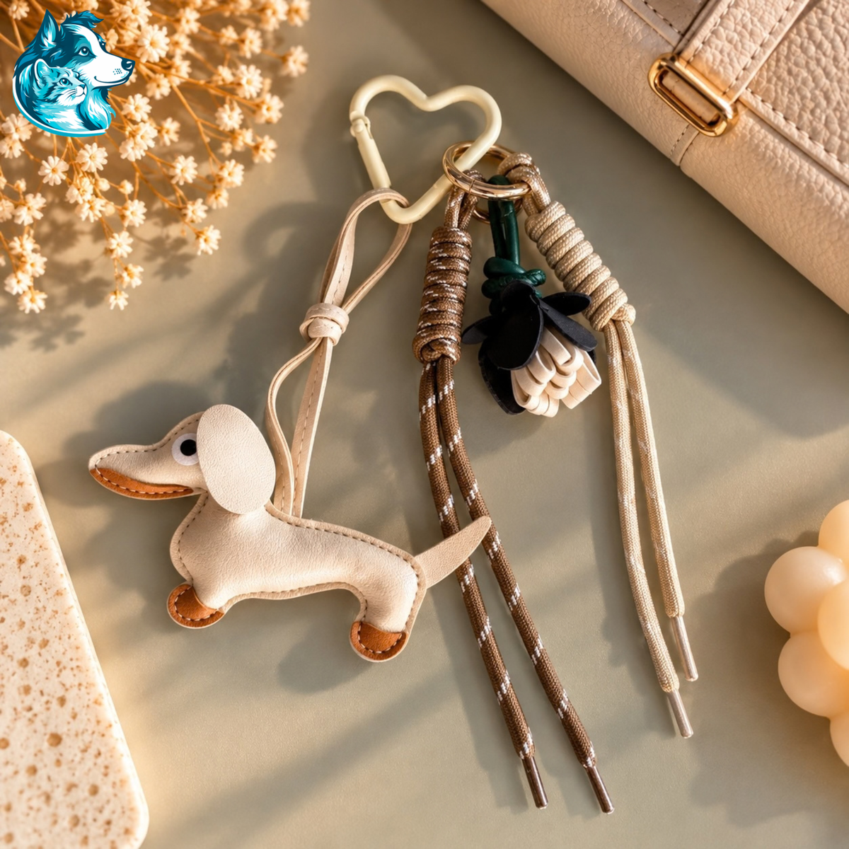 Bijou de sac teckel beige avec cordons et grigri – FLAIRE