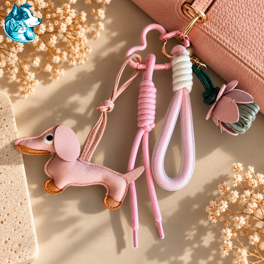 Bijou de sac teckel rose avec cordons et grigri – FLAIRE