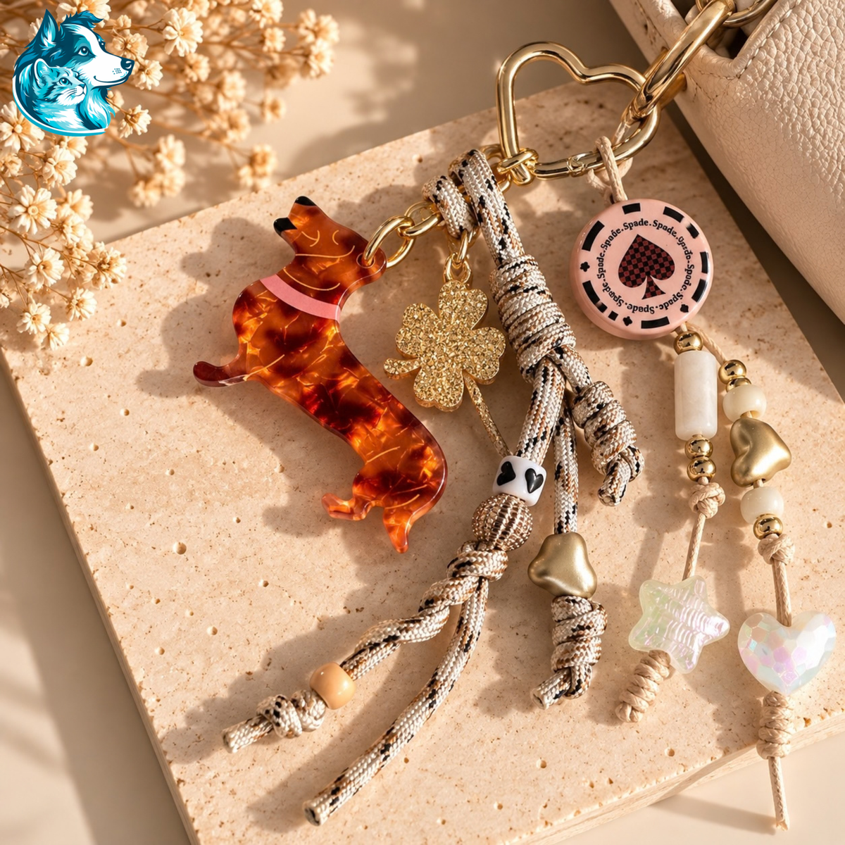 Bijou de sac teckel effet écaille avec charms, grigris et cordons tressés – FLAIRE