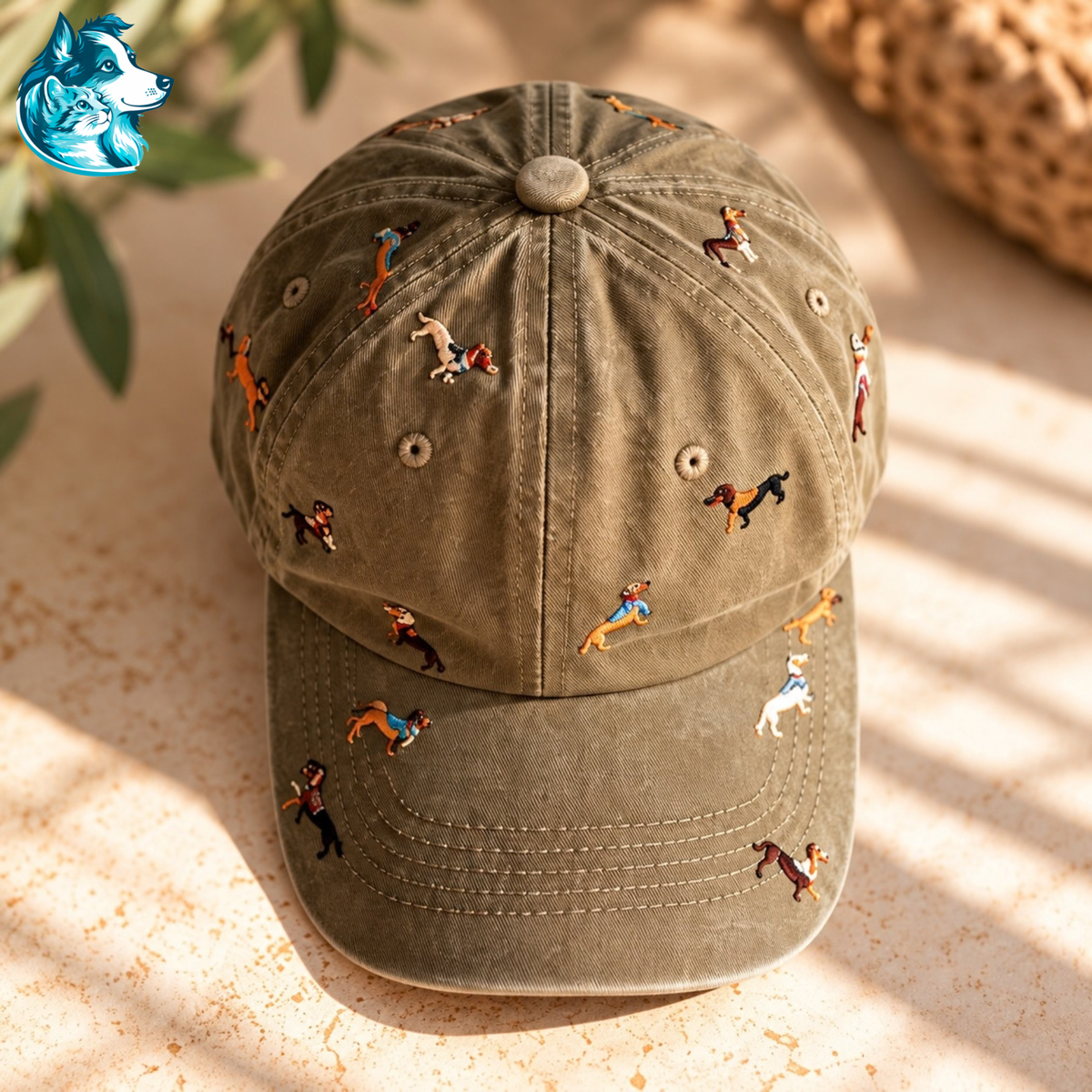 Casquette kaki à motif teckels brodés vue de face – FLAIRE