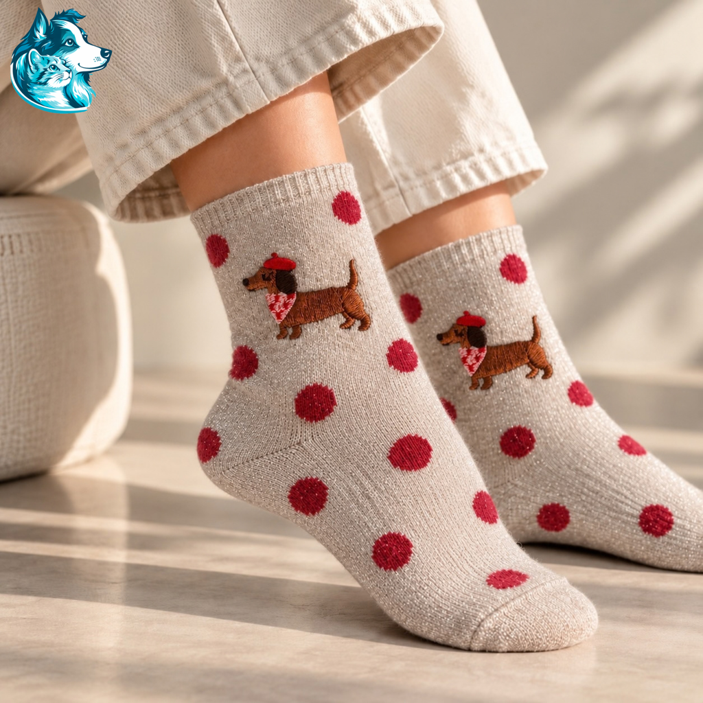 Chaussettes écrues à paillettes avec teckel au béret – FLAIRE