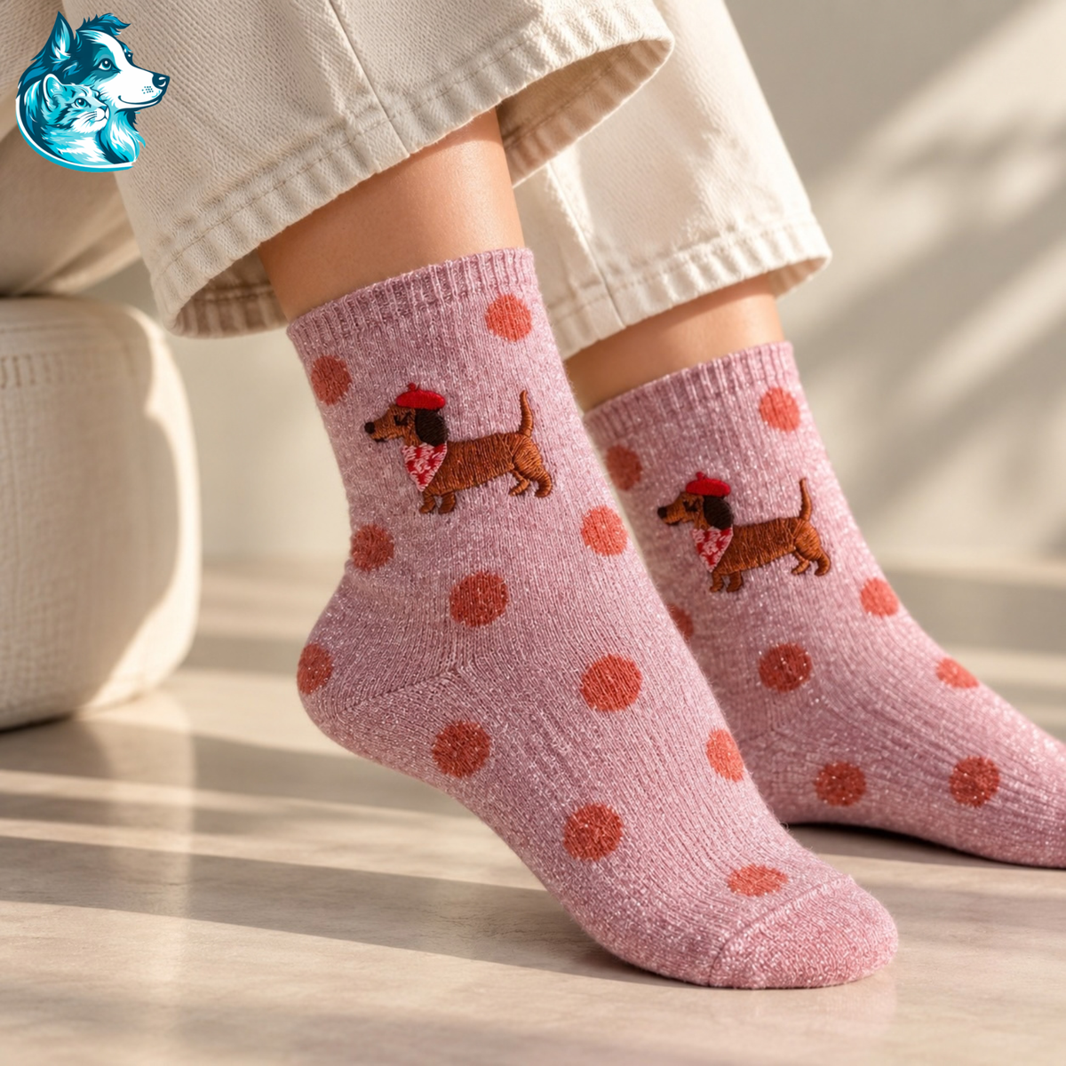 Chaussettes teckel à paillettes rose clair portées – FLAIRE