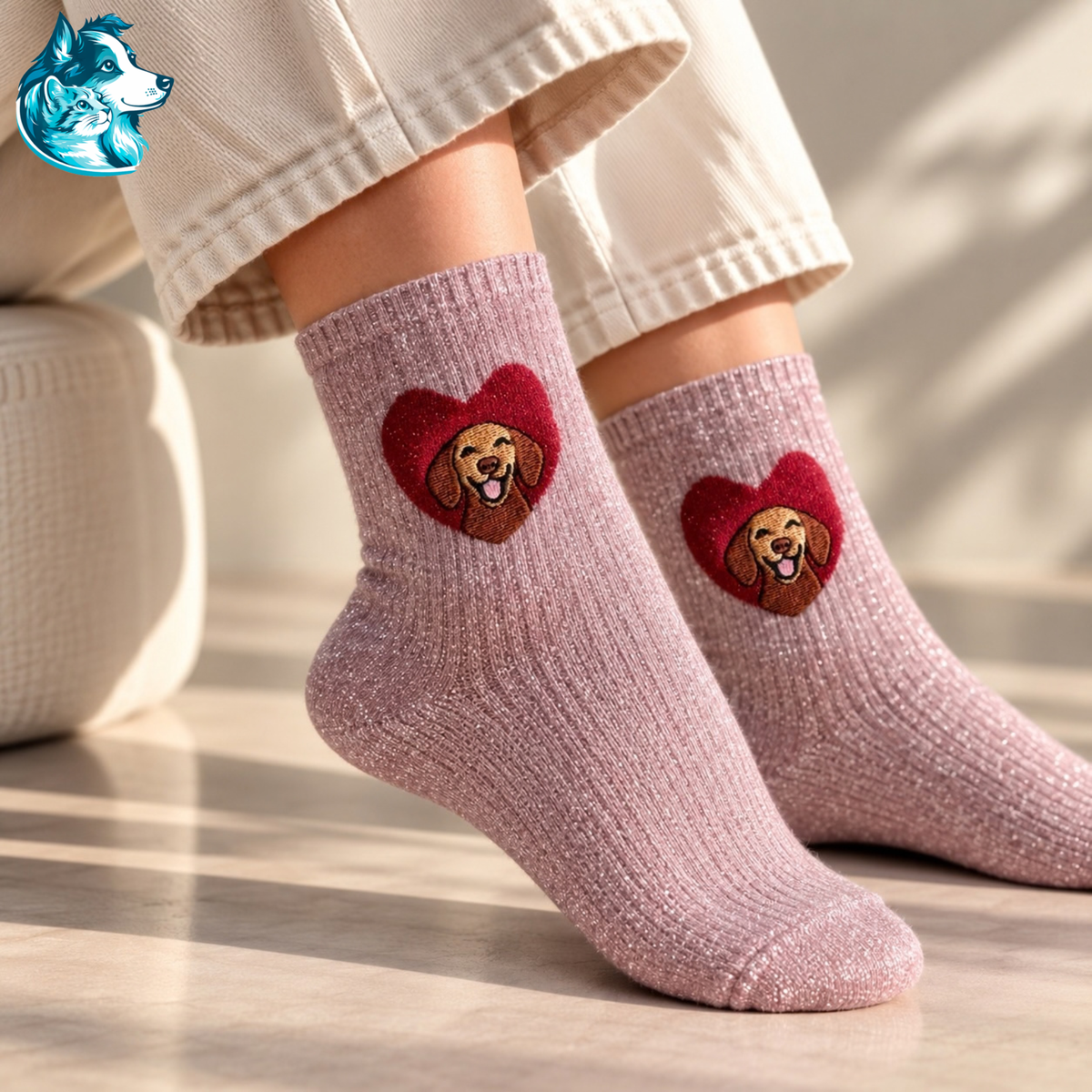 Chaussettes roses à paillettes avec teckel dans un cœur – FLAIRE